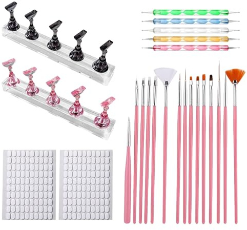 2 Sets Nail Stand 15-Pack Nail Art Brushes 5-Pack Color Painting Drill Pens 2 Sheets of Double-sided Tape for Nail Support Nail Holder(Black/Pink)