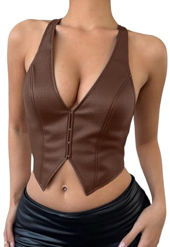 Maeau Women Vest Leather Sleeveless Crop Top Halter Tank Tops Gothic Punk T-Shirts Camisole Brown M