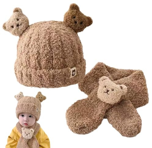 Neugeborenes Baby Mütze Schal Set, Wintermütze Babies, Mütze Jungen mit Bär Pompom, Warme Baby Mütze Mädchen, Babymütze Schalmütze für 0-24 Monate alt Babies (DE/NL/SE/PL, Numerisch, 30, 50, Braun)