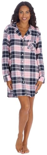 INSIGNIA Womens Ladies Cotton Check Boyfriend Flannel Nightshirt Long sleeve (New Navy, M)
