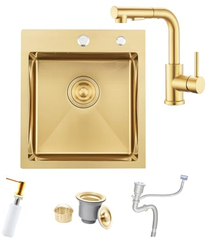 Fregadero de Cocina BoomHoze Gold Bar con Grifo Dorado, 40 x 45 cm, Encastrado en Encimera de Acero Inoxidable Calibre 16 para Autocaravana, de Una Cubeta Dorada, para Bar de Exterior, Autocaravana