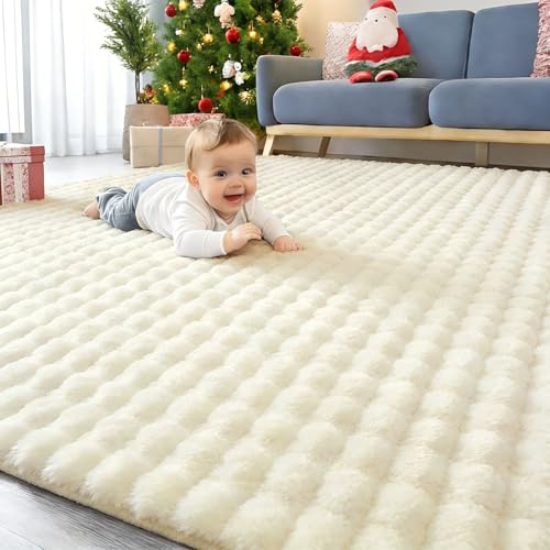 Homaxy - Tapis à poils longs avec motif 3D Bubble - Doux et moelleux - Lavable - Antidérapant - Grand tapis pour salon, chambre d'enfant, chambre à coucher - 160x220 cm - Crème
