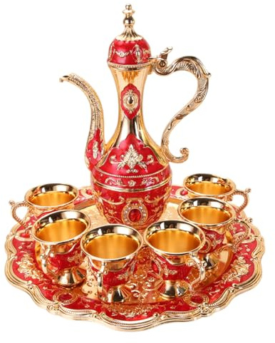 Service à thé marocain, ensemble de tasses à café turques 6 pièces avec pot, accessoires de cuisine vintage pour la maison, fête, mariage, café turc rouge