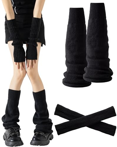 Yawlsow Arm and Leg Warmers for Women Girls Y2k Knit Leg Warmer Kawaii Lolita Goth Harajuku Streetwear Grunge Accessories (Black Stars, One Size)