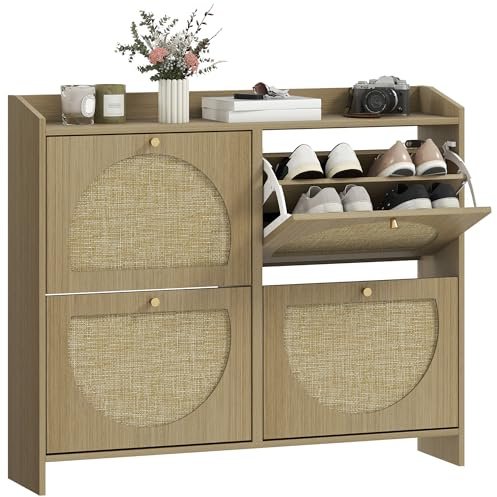 HOMCOM Zapatero Estrecho con 4 Puertas de Ratán 104,5x24x88 cm Natural | Para Entrada Recibidor, Estantes Regulables, Para 16 Pares de Zapatos, Ideal para Espacios Pequeños