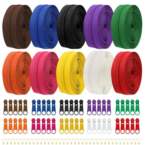 Eulihent 30M 10 Color Zips for Sewing 2.6 mm Zippers Nylon Endless Zip Set with Slider for DIY Sewing Tailor Craft Supplies