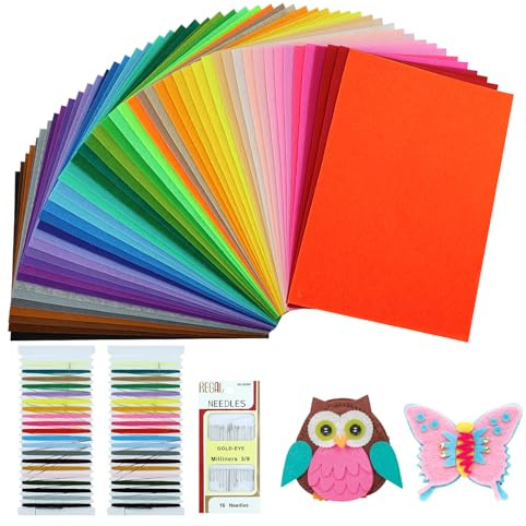 FAREASTSHOP 50 Farben Bastelfilz, 20 x 30 cm Filzstoff, Polyester Felt Fabric Filzplatten mit Bunter Stickgarn und Nähnadel, Farbig Filz Blätter zum DIY Handwerk Nähen Projekte Manual Decoration