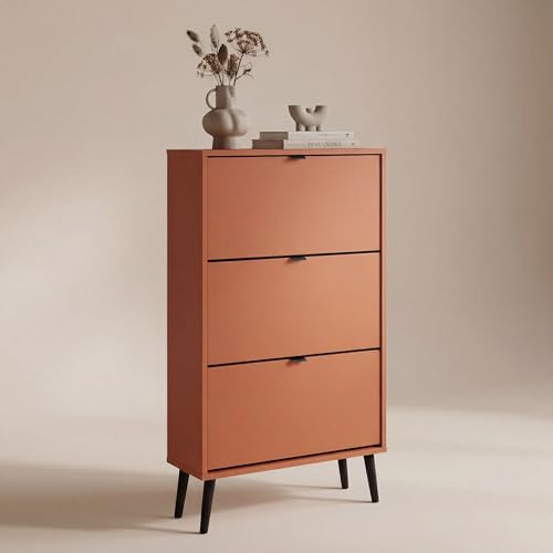 Newroom Schuhschrank schmal Terrakotta Schuhkipper mit 3 Klappen für Flur | 3 Kippfächer, schwarze Beine, matte Front, Schuhregal platzsparend, Flurmöbel, Schuhablage, für Eingangsbereich
