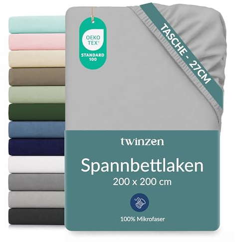Twinzen Spannbettlaken Mikrofaser 200x200 Grau Steghöhe 25 cm | Weich & hautfreundlich · Atmungsaktiv · Pflegeleicht · Waschbar bei 40 °C · OEKO-TEX