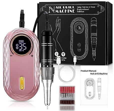 Taladro eléctrico para uñas, Juego de manicura taladro uñas 35000RPM, máquina eléctrica, lijadora esmalte gel salón recargable, herramienta profesional(Pink)