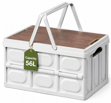 VORMICS Klappbox Faltbar Stabil Plastik Faltbox, 56 Liter (1, Weiß) | klappboxen faltbar stabil, 59 x 36 x 29 cm, Camping Box, Klappbox mit Deckel für Outdoor, Kofferraum und Haushalt