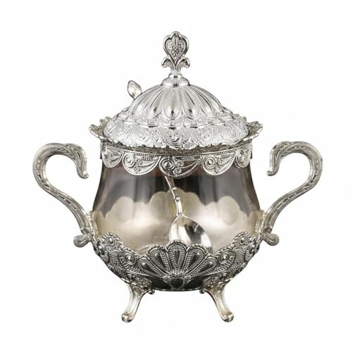 Jinhxofs Zuccheriera con Coperchio Finitura Finitura Argento Zuccheriera Decorata Uso Versatile Contenitore Zucchero Elegante per Ristorante, Argento
