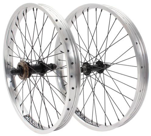 KHE Prism BMX Laufradsatz 20 Zoll – Silber – Vorder- & Hinterrad – 14 mm/10 mm Achse – 16T Freilauf – 36H – 7005 Aluminium Felgen