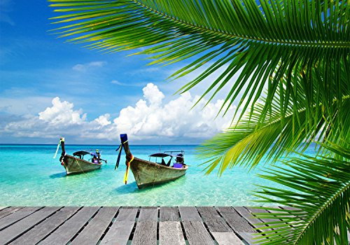 wandmotiv24 Fototapete Paradies Urlaub, XL 350 x 245 cm - 7 Teile, Wanddeko, Wandbild, Wandtapete, Boot, Palme, Meer M0495