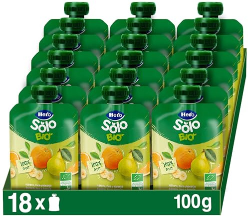 Hero Solo - Bolsita Bio de Plátano, Pera y Naranja – Puré de frutas BIO 100% naturales, compota sin azúcares añadidos, SIN GLUTEN - para bebés desde los 4 meses - Pack de 18 x 100 g
