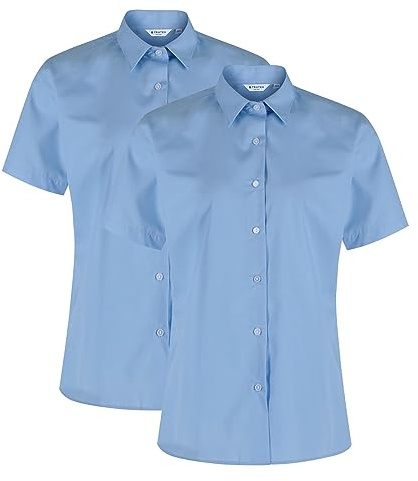 Trutex Girls Blue School Shirts, Multipack – Short Sleeve Regular Fit Revere Collar Cotton-Rich Easy Care School Blouses – Age 12 (2 Pack)