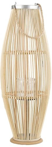 Bambusholz Deko Laterne Heller Holzfarbtone/Natural Flechtoptik Windlicht mit Glaseinsatz Retro Gartenlaterne Kerzenhalter Kerzenständer 84 cm Tahiti
