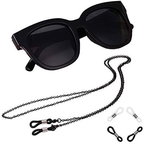 Xiang Ru Brillenkette, Brillenkette mit Anti-Rutsch-Ringen, Schwarz, Edelstahl und Silikon, Klassisch, Einheitsgröße: 80 cm, passt für Brillen bis 15 mm breit