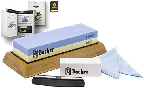 Bacher Premium Sharpening Stone. 2 Side Grit 1000/6000 Whetstone- Knife Sharpener Waterstone with Non-Slip Bamboo Base, Flattening Stone, Angle Guide and Detailed eBook Guide