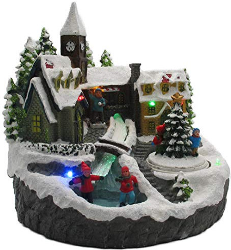 LED Winterdorf mit drehendem Element, Weihnachtsdeko mit bunter Beleuchtung, detailgetreu gefertigt, Bachlauf mit Farbwechsel (Tanne)