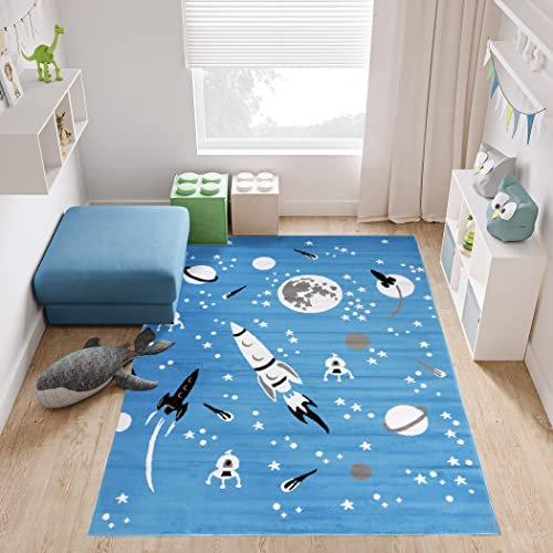TAPISO Pinky Teppich Kurzflor Blau Grau Weiß Modern Raketen Planeten Weltall Design Kinderzimmer Kinderteppich ÖKOTEX 160 x 220 cm