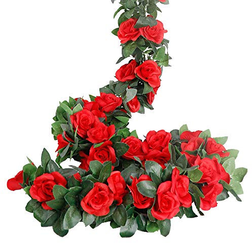 LESING Rose Garlands Artificial Rose Vines, 4PCS(28.8FT) Fake Silk Flower Vines with Greenery Plants for Wedding Hanging, Home Office Arch, Garden Decoration (Red)