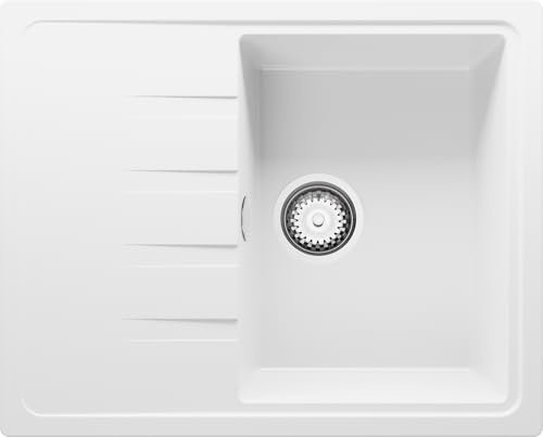PRIMAGRAN Fregadero Cocina al Mueble 40cm + Kit de desagüe, 62x50cm | Set: Kit de desagüe (sifón, válvula, rebosadero) + Milano 1 Seno Granito, Blanco