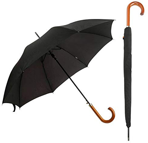 DUA Classic Gents Auto Walking Length Black Umbrella with Wood Handle, Sleeve & Strong Fiber Glass Stem