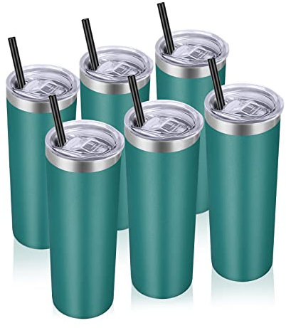 VEGOND Rostfritt stål tumlare bulk 6-pack, 59 cl vakuumisolerade smala glas med lock och sugrör, dubbel vägg kaffemugg, resevattenmugg, mörkgrön