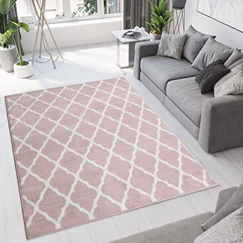 Modern Soft Blush Pink Trellis Area Rug Transitional Diamond Moroccan Living Room Bedroom Hallway Rugs 240cm x 330cm