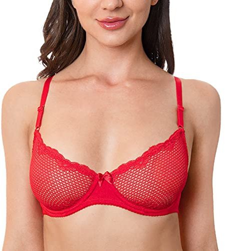WingsLove Sexy Bra Sheer Wired See Through Soft 1/2 Half Demi Cup Unlined Bralette Lace Mesh (Lava Red 38DD)