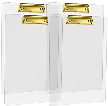 MSDADA Carpeta portapapeles con clip de metal dorado, portapapeles acrílico transparente tamaño A4 Carpeta portapapeles vertical (paquete de 4)