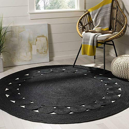 Avgari Creation Teppich, Jute, Natur, Kreis-Design, rund, handgefertigt, geflochten, wendbar, Schwarz, 90 x 90 cm