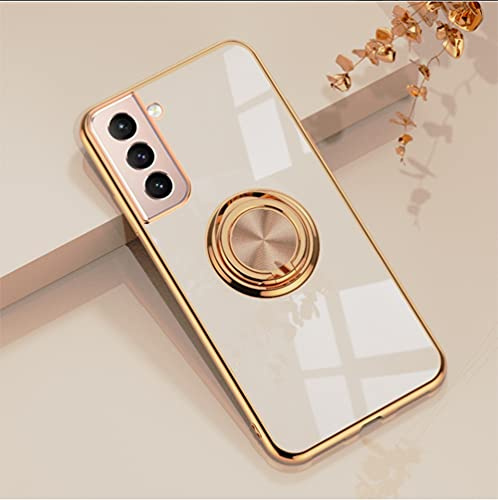 EYZUTAK Electroplated Magnetic Ring Holder Case, 360 Degree with Rotation Metal Finger Ring Holder Magnet Car Holder Soft Silicone Shockproof Cover for Samsung Galaxy S22 5G - Light Pink