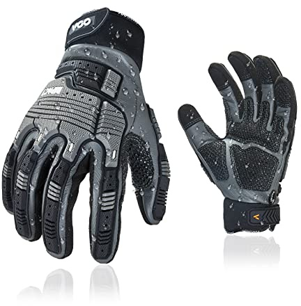 Vgo 1Pair Safety Leather Work Gloves - Mechanics, Impact & Rigger Gloves - Anti-Vibration, Heavy Duty, Water Resistant (Size M, Gray, CA7722WR)