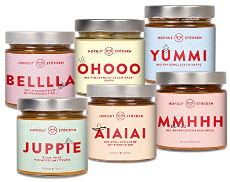 Hofgut Stöcken | Genießerpaket Camper vom Testsieger | 6x 330ml Bio-Fertiggerichte im Glas |Bio-Pizzasuppe|Bio-Käsesuppe|Bio-Gulaschsuppe|Bio-Rahmgeschnetzeltes|Bio-Chili con Carne|Bio-Bolognese