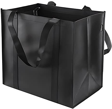 Udewo Lot de 1 sac fourre-tout réutilisable non tissé noir avec poignées renforcées pour la vie, le pique-nique, le camping