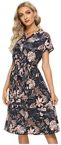 Donne che stampano il vestito estivo del manicotto corto del singolo petto della boemia A-Line abiti stile della spiaggia, Nero , XL