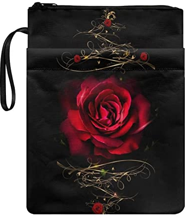 Poceacles Buchhülle mit rotem Rosen-Motiv, bedruckt, Polyester, mit Reißverschluss, für Hardcover, Taschenbuch, Buchcover-Schutzhülle mit Reißverschluss für Buchliebhaber