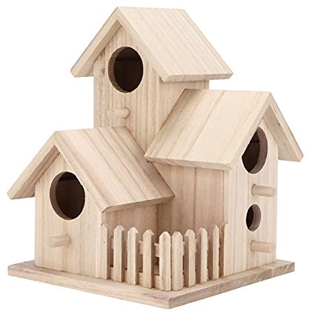 Casita para Pájaros de Madera, 3 Agujeros para Exteriores Nidos de Pájaros Adornos Pinzones Cardenales Colgantes Caja de Cría de Madera Sin Terminar para 3 Familias (#1)
