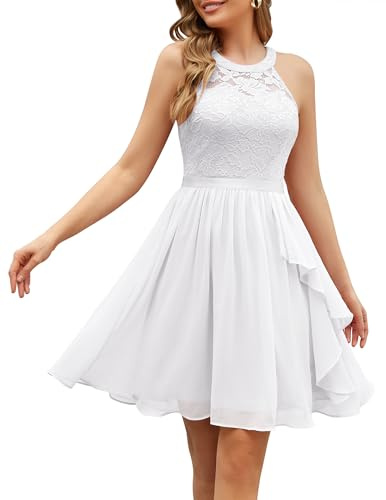 Wedtrend cocktailklänning elegant för bröllop A-linje halterneck volangklänning aftonklänning knälång chiffong examensklänning, Vit, XS