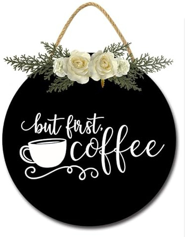 Geroclonup But First Coffee Coffee Bar Schilder Kaffeebar Wanddekoration Plaketten für Küche Rustikales Holz Kaffee Wandkunst Kränze für Kaffeestation Kaffee Ecke