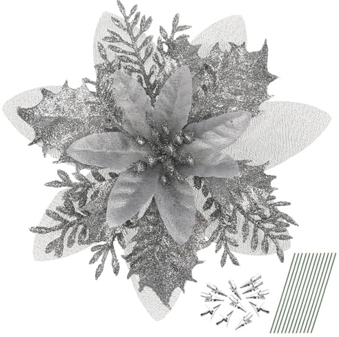 SAFIGLE Paquet De 12 Fleurs Décoratives De Noël Argentées, Fleurs Artificielles De Poinsettia avec Tige Et Pince, Fleurs De Noël pour Mariages, Halloween, Fêtes