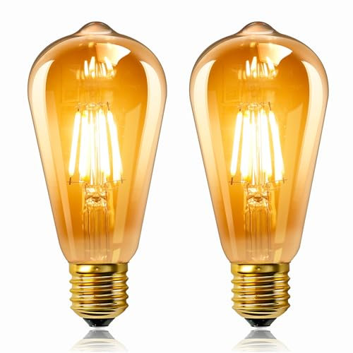 2 Stück E27 LED 6W Edison Vintage Glühbirne 230V, ST64 Vintage Licht Bernstein Glas, Ersetzt 60W Glühlampen, Warmweiß 2200K, 600LM, Nicht Dimmbar, Nostalgische Dekoration für Zuhause, Café, Bar