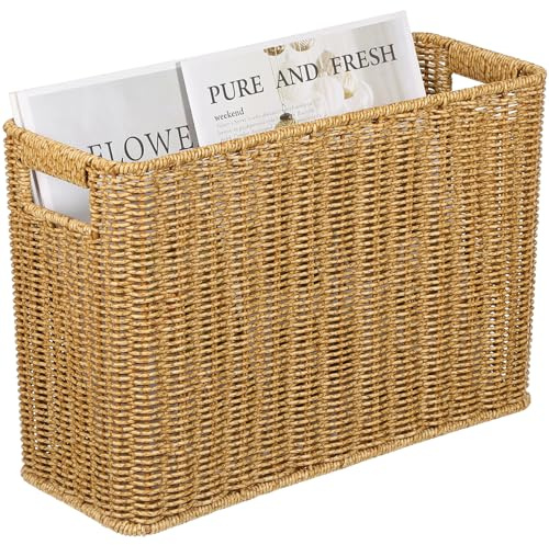 Cabilock Cesta Para Revistas Tejida A Mano Soporte Estrecho De Cesta De Mimbre Para Revistas Con Asas Cesta De Almacenamiento Rectangular Alta Y Estrecha Para Libros De