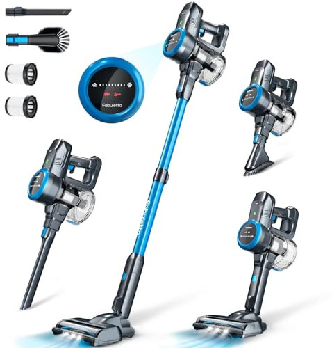 FABULETTA Akku Staubsauger, 6 in 1 Staubsauger Kabellos bis zu 50Min. Laufzeit, Leicht Akkusauger mit LED Display & Anti-Tangle-Bürste, Stielstaubsauger für Teppich, Hartboden und Tierhaare (Blau)