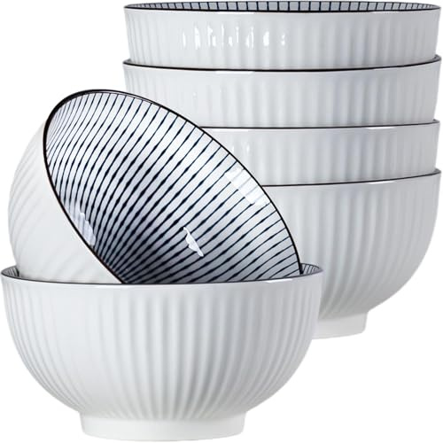 Houlu 6 in Small Japanese Bowls Set of 6, Versatile 30 oz Blue and White Porcelain Bowls for Soup, Cereal, Salad, Desserts, and Side Dishes - Striped Pattern