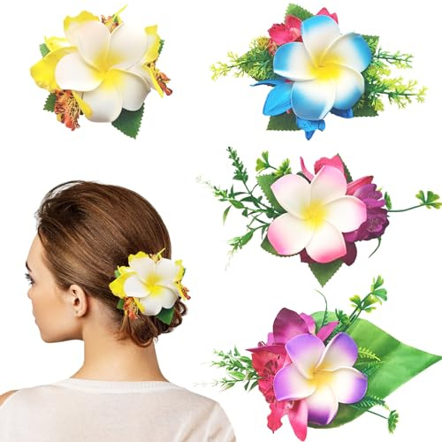 HIFOT 4 Stücke Bunte Haarspangen Damen, Hawaii Blume Haarklammern Mädchen, Frangipani Haarschmuck Blumen Haarklammer Groß Haarclips Kinder Haarschmuck für Frauen Party Haarstyling Haarnadeln Hochzeit