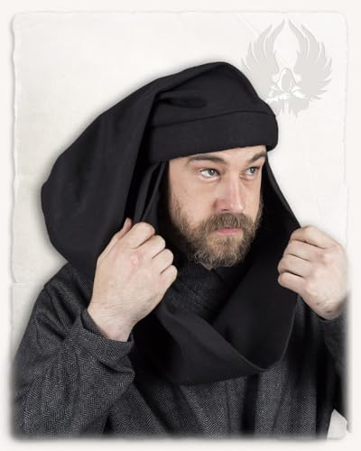 MYTHOLON Rafael Chaperon, Canvas, schwarz, XL, Mittelalter Kopfbedeckung, Gugel, Haube