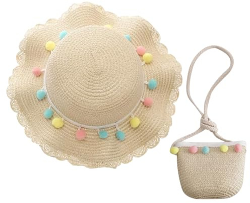 REYOK Cappello da Spiaggia Estivo e Mini di Borse Set,Cappello da Sole per Bambina,Cappello da Sole per Esterni per Ragazze per I Bambini Turismo Vacanze Spiaggia attività All'Aperto(Beige)